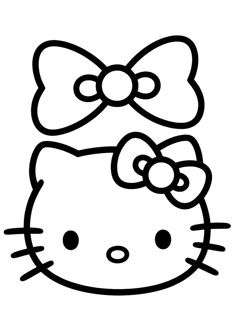 Kleurplaat van het gezicht van Hello Kitty met een strik op haar oor en een tweede grote strik boven haar hoofd