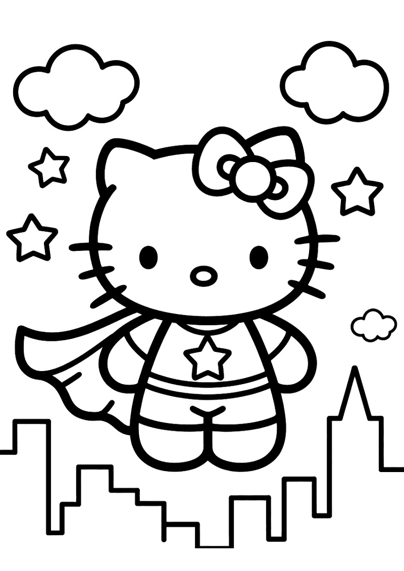 Kleurplaat van Hello Kitty als superheld die boven een stadssilhouet vliegt, met cape en een ster op haar borstpak