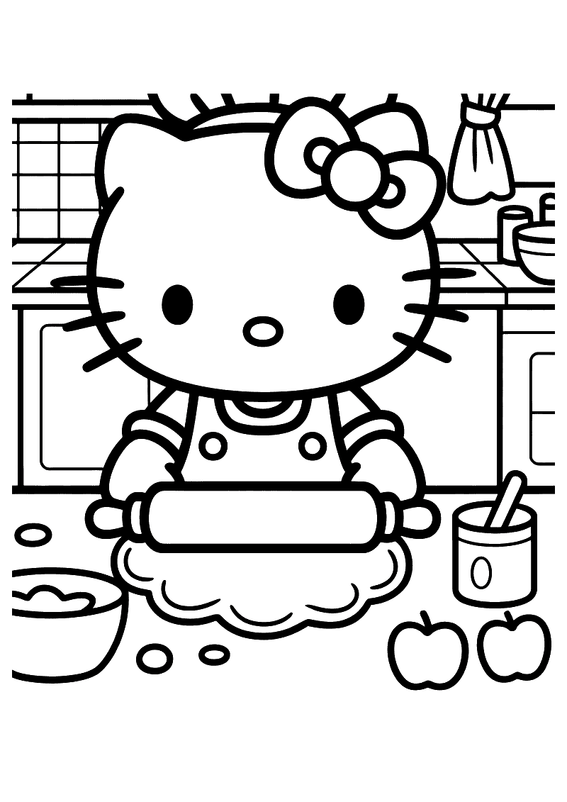 Kleurplaat van Hello Kitty in de keuken die deeg uitrolt met een deegroller, met appels, een mengkom en een blikje op he