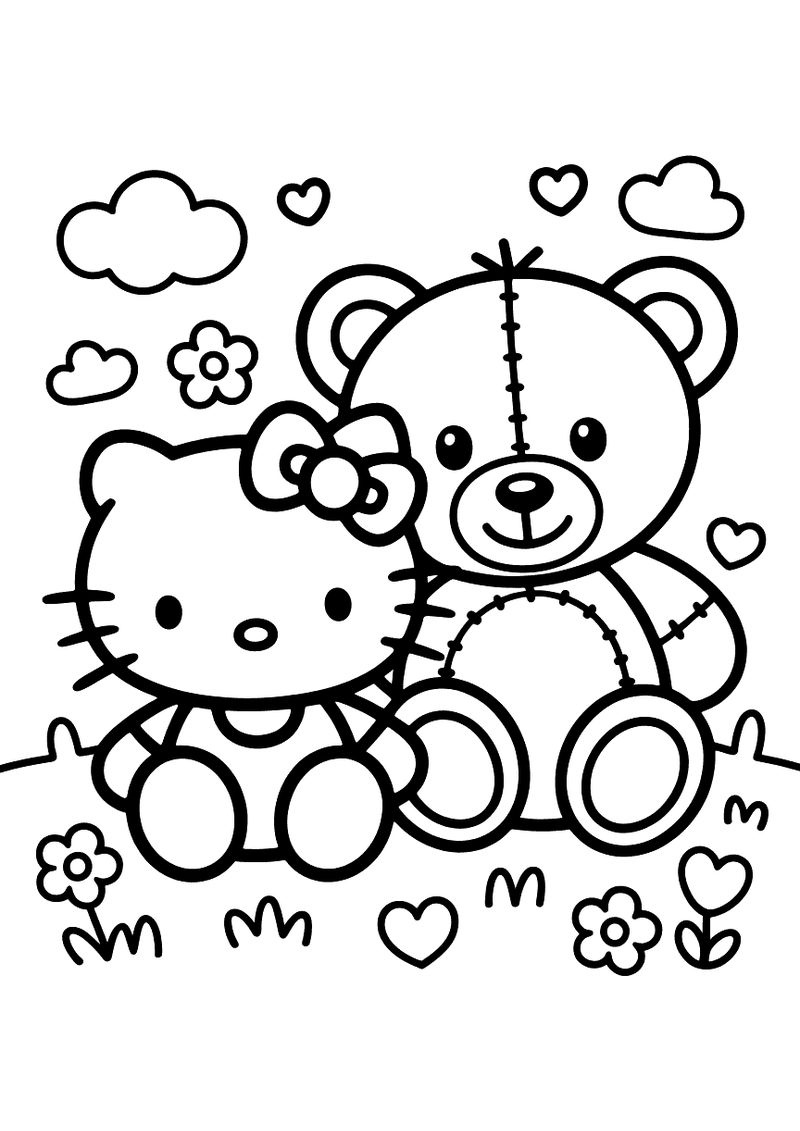 Kleurplaat van Hello Kitty zittend naast een grote teddybeer op het gras, met hartjes, bloemen en wolken om hen heen