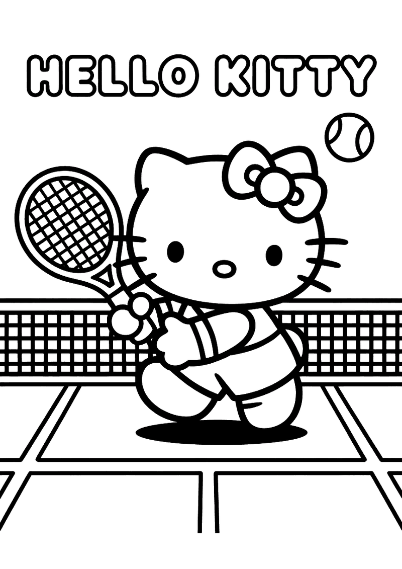 Kleurplaat van Hello Kitty op een tennisbaan met een racket in haar hand, klaar om de bal te slaan over het tennisnet