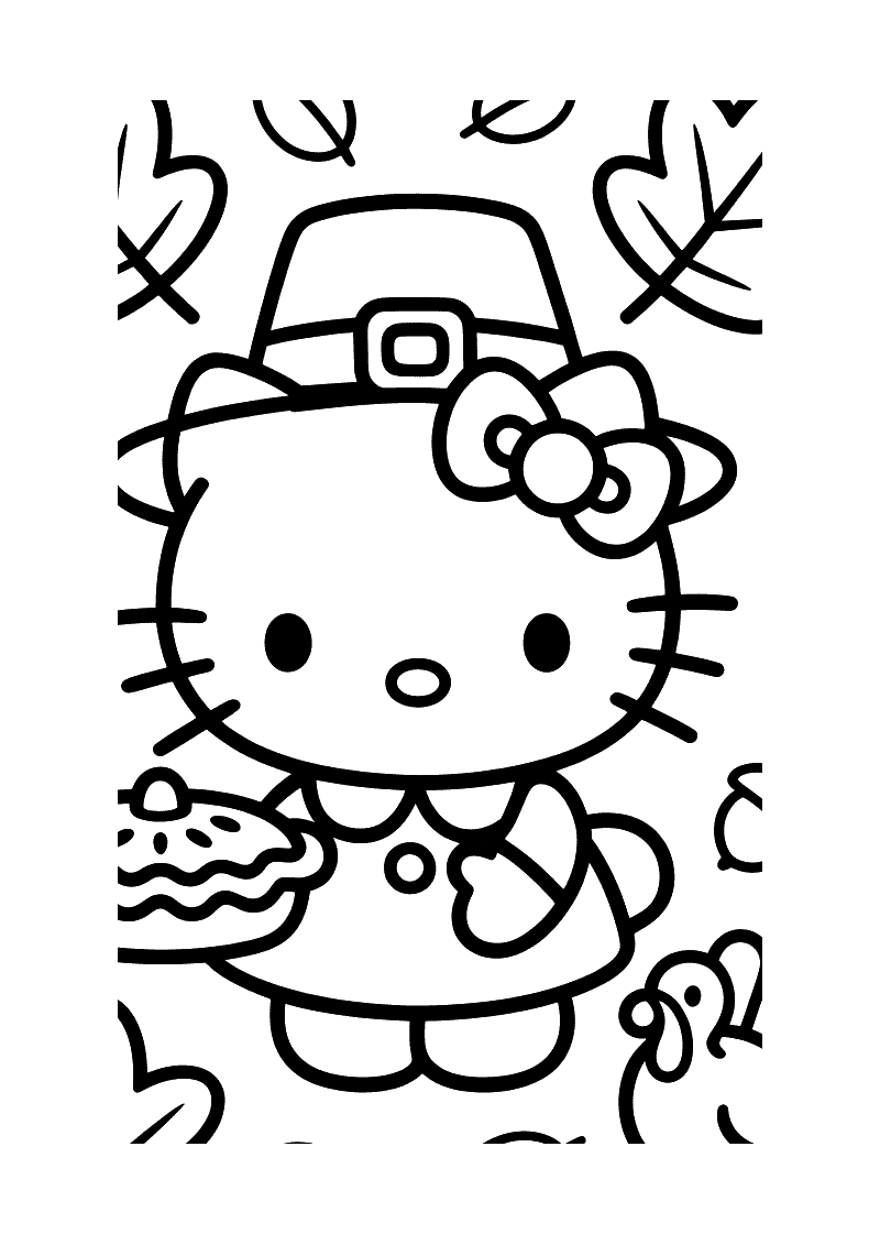 Kleurplaat van Hello Kitty met een pelgrimshoed die een taartpunt vasthoudt, omgeven door herfstbladeren en een pompoen 