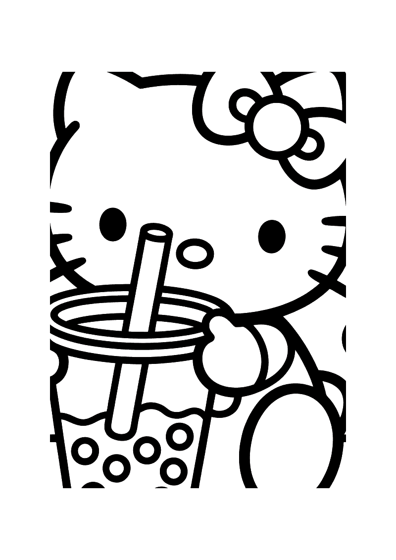 Kleurplaat van Hello Kitty die een groot glas bubbeltjesthee vasthoudt met een dik rietje en ronde parels zichtbaar in h