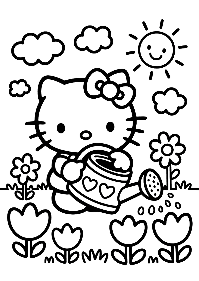 Kleurplaat van Hello Kitty die bloemen en tulpen water geeft met een gieter in een zonnige tuin met wolken en een lachen
