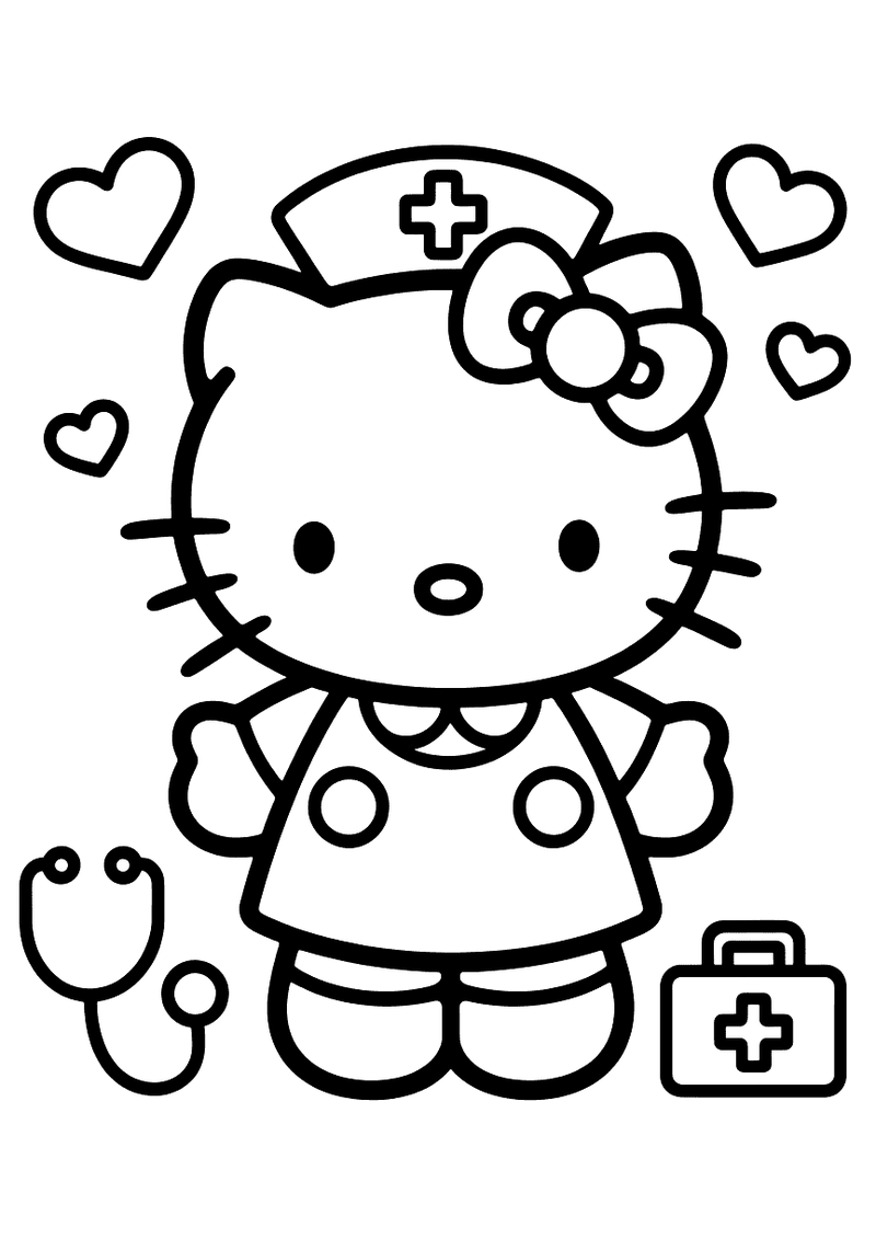 Kleurplaat van Hello Kitty in een verpleegsteruniform met muts, stethoscoop en een EHBO-koffertje naast haar, omgeven do