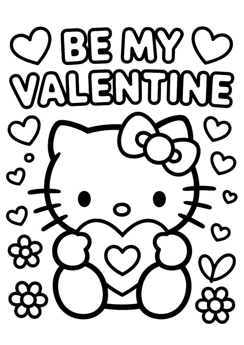 Kleurplaat van Hello Kitty die een groot hart vasthoudt, omringd door hartjes van verschillende groottes en bloemen