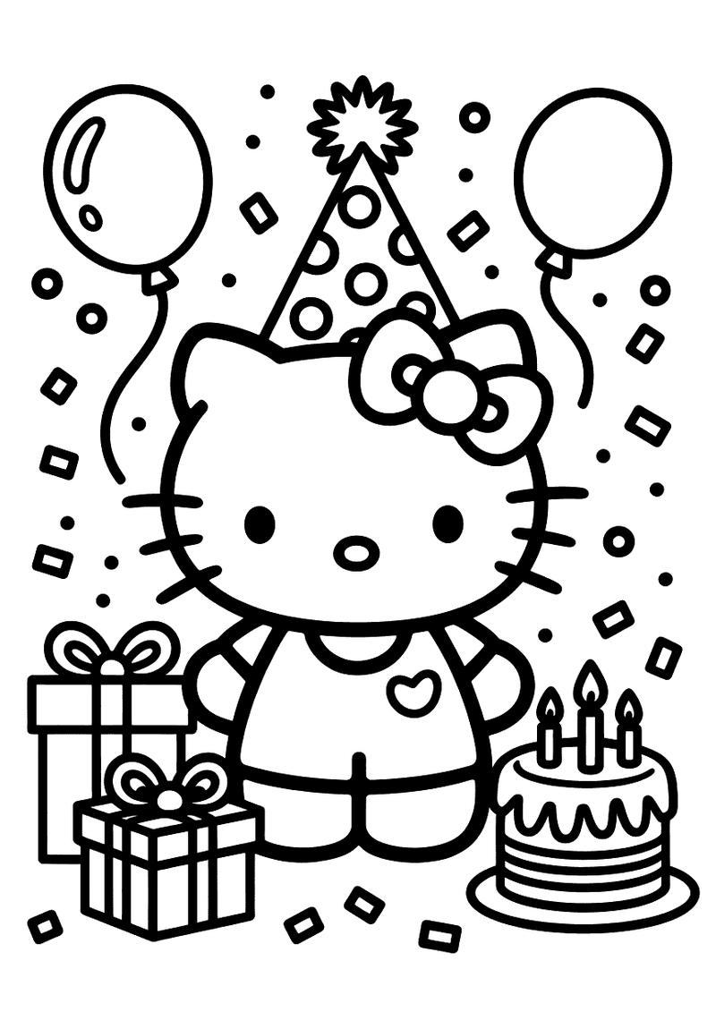Kleurplaat van Hello Kitty met een feesthoed, staande naast een verjaardagstaart met kaarsen, cadeaudozen en ballonnen