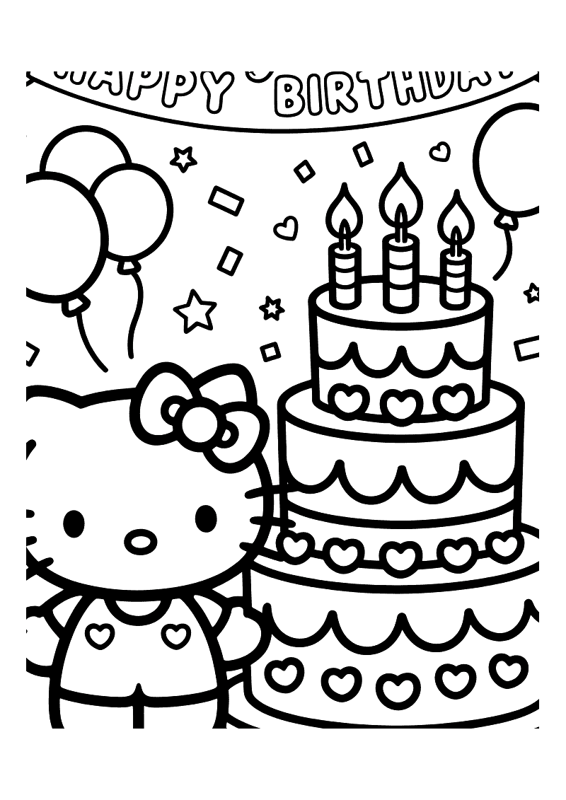 Kleurplaat van Hello Kitty naast een grote drielaagse verjaardagstaart met kaarsen, confetti en ballonnen op de achtergr