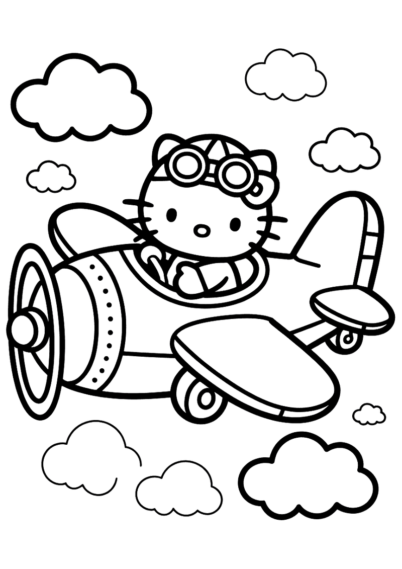 Kleurplaat van Hello Kitty als piloot in een klein propellervliegtuig met vliegbril op, omgeven door witte wolken