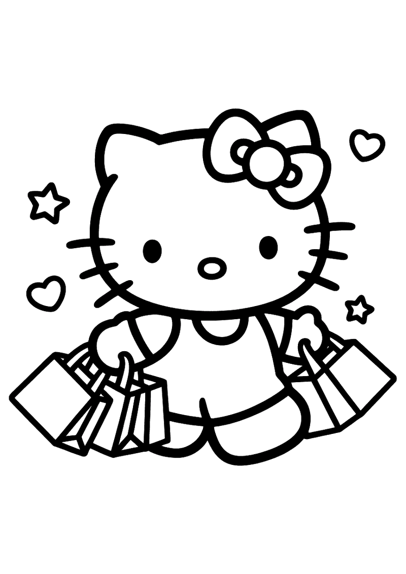 Kleurplaat van Hello Kitty die meerdere boodschappentasjes vasthoudt, omgeven door hartjes en sterren