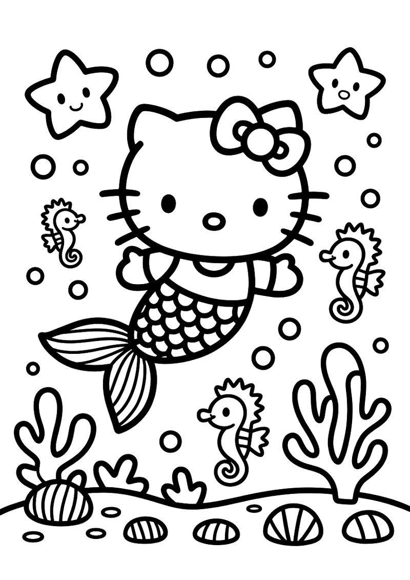 Kleurplaat van Hello Kitty als zeemeermin die onder water zwemt met een vissenstaart, twee zepaardjes, koraal en zeester