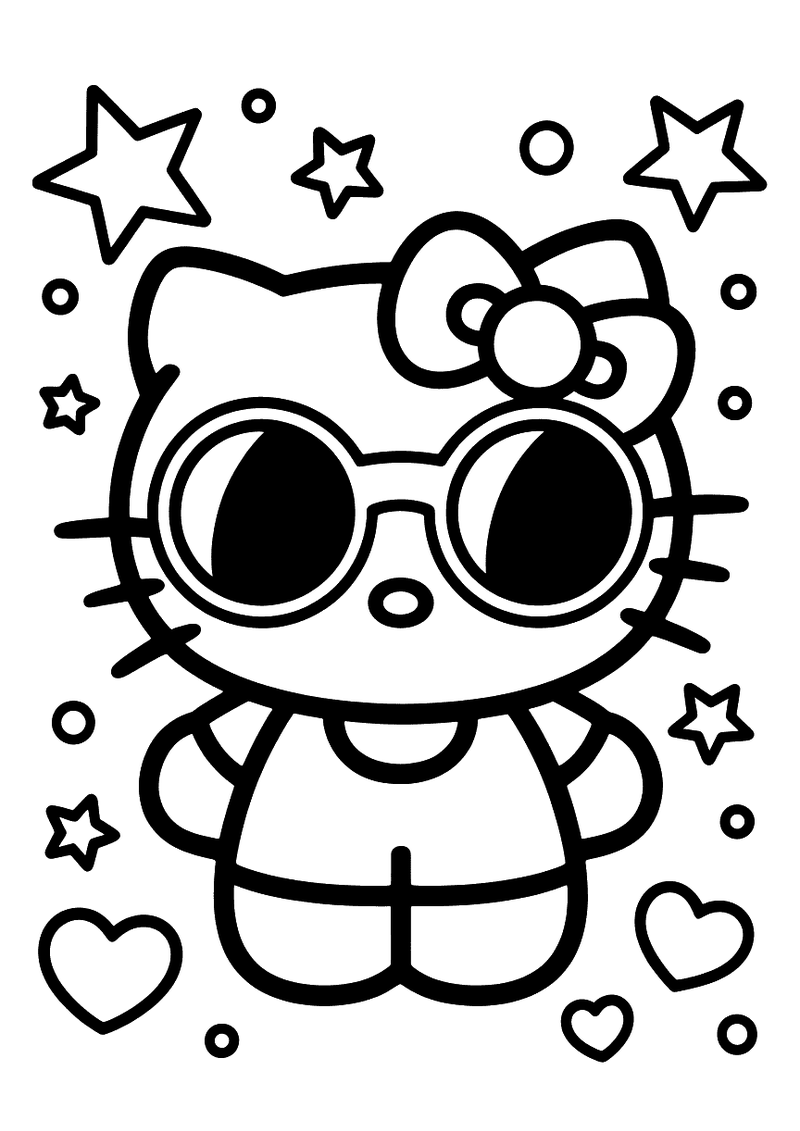 Kleurplaat van Hello Kitty met een grote ronde zonnebril, omgeven door sterren en hartjes op de achtergrond