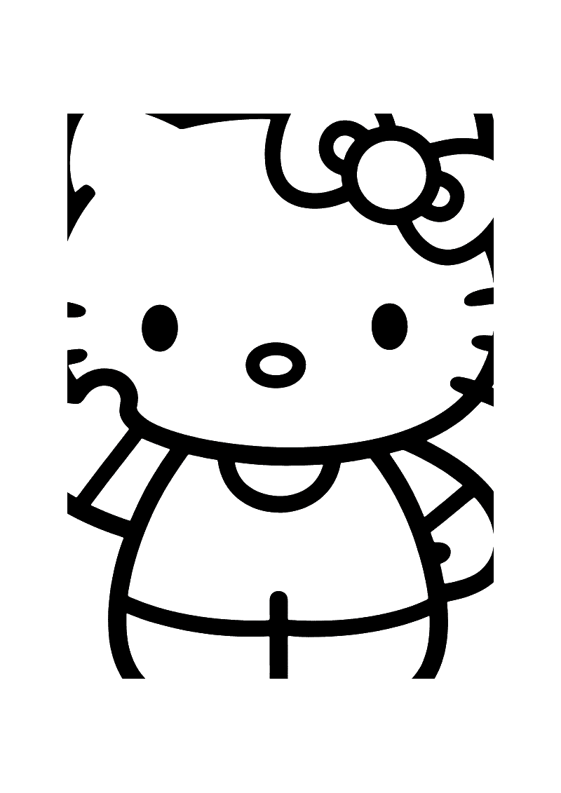 Kleurplaat van een zwaaiende Hello Kitty in close-up met haar arm omhoog en de kenmerkende strik op haar oor
