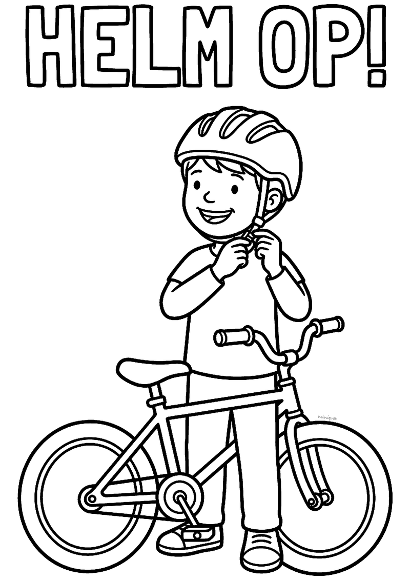 Kleurplaat van een jongen die het bandje van zijn fietshelm vastmaakt, met zijn fiets erachter