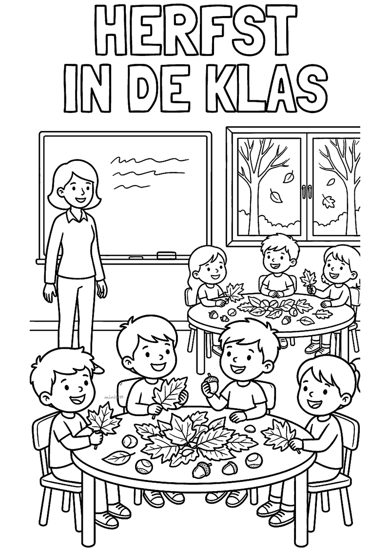 Kleurplaat van een klaslokaal met juf bij het bord en kinderen aan tafels vol herfstbladeren, eikels en kastanjes