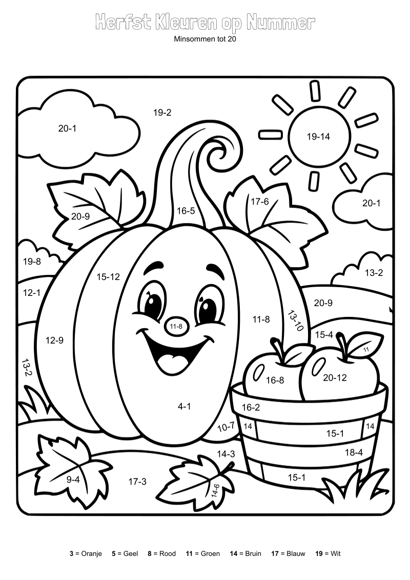 Kleurplaat van een lachende pompoen naast een emmer met appels in de herfstzon, met sommen