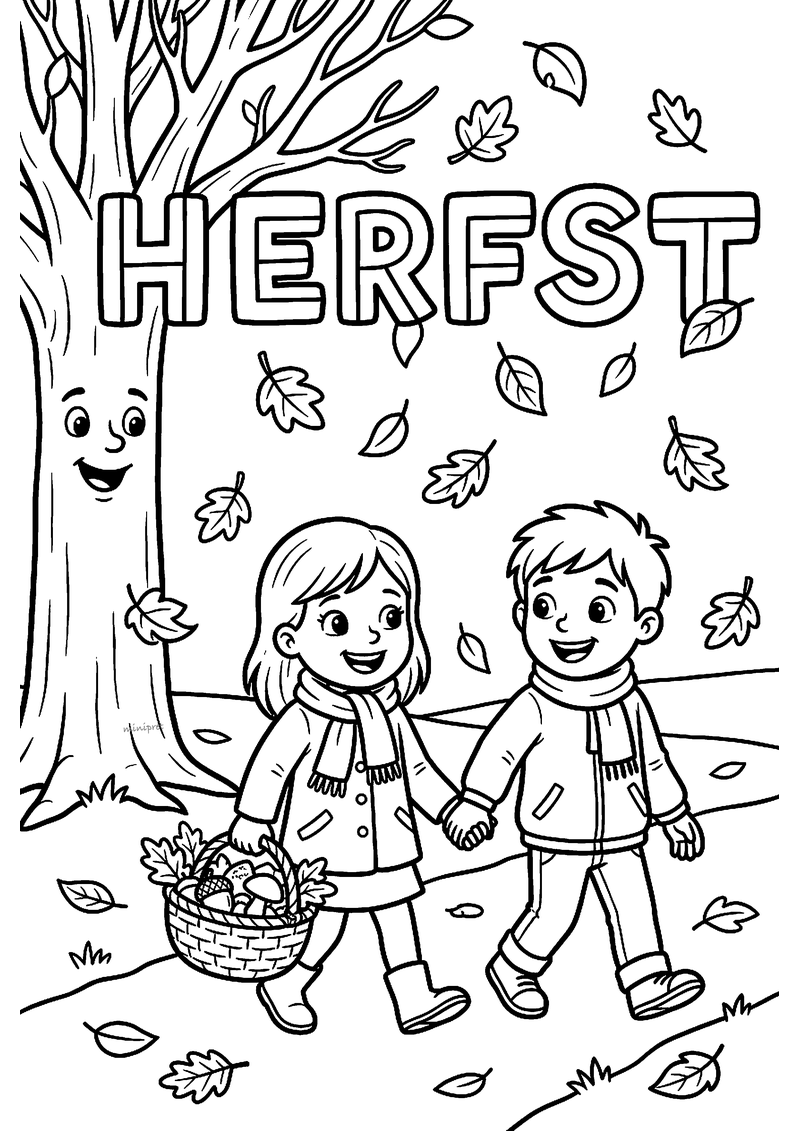 Kleurplaat met het woord HERFST in grote letters, twee kinderen hand in hand, een boom met gezicht en vallende bladeren