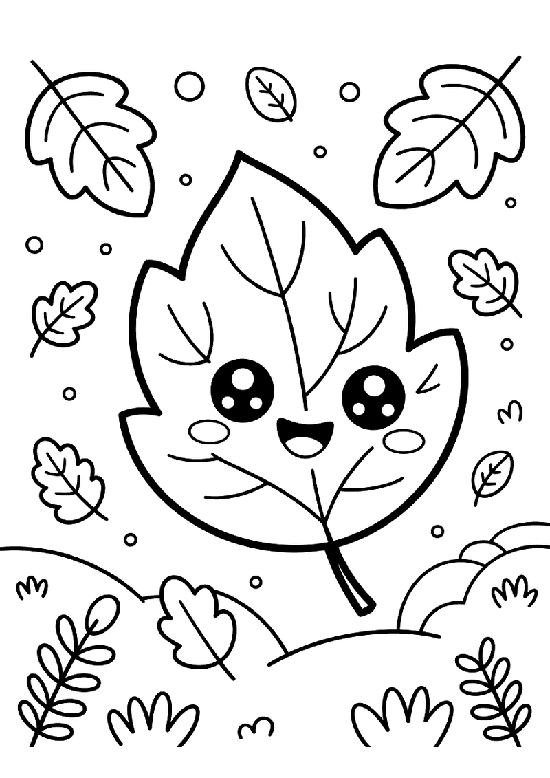 Kawaii kleurplaat van een lachend herfstblad met grote ogen tussen meerdere vallende bladeren en grasheuvels op de achte