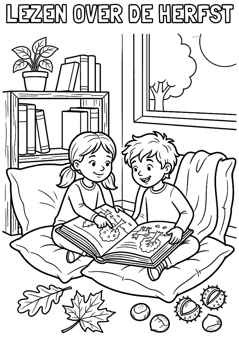 Kleurplaat van twee kinderen op kussens die samen een boek over de herfst lezen, met boekenkast, kastanjes en bladeren