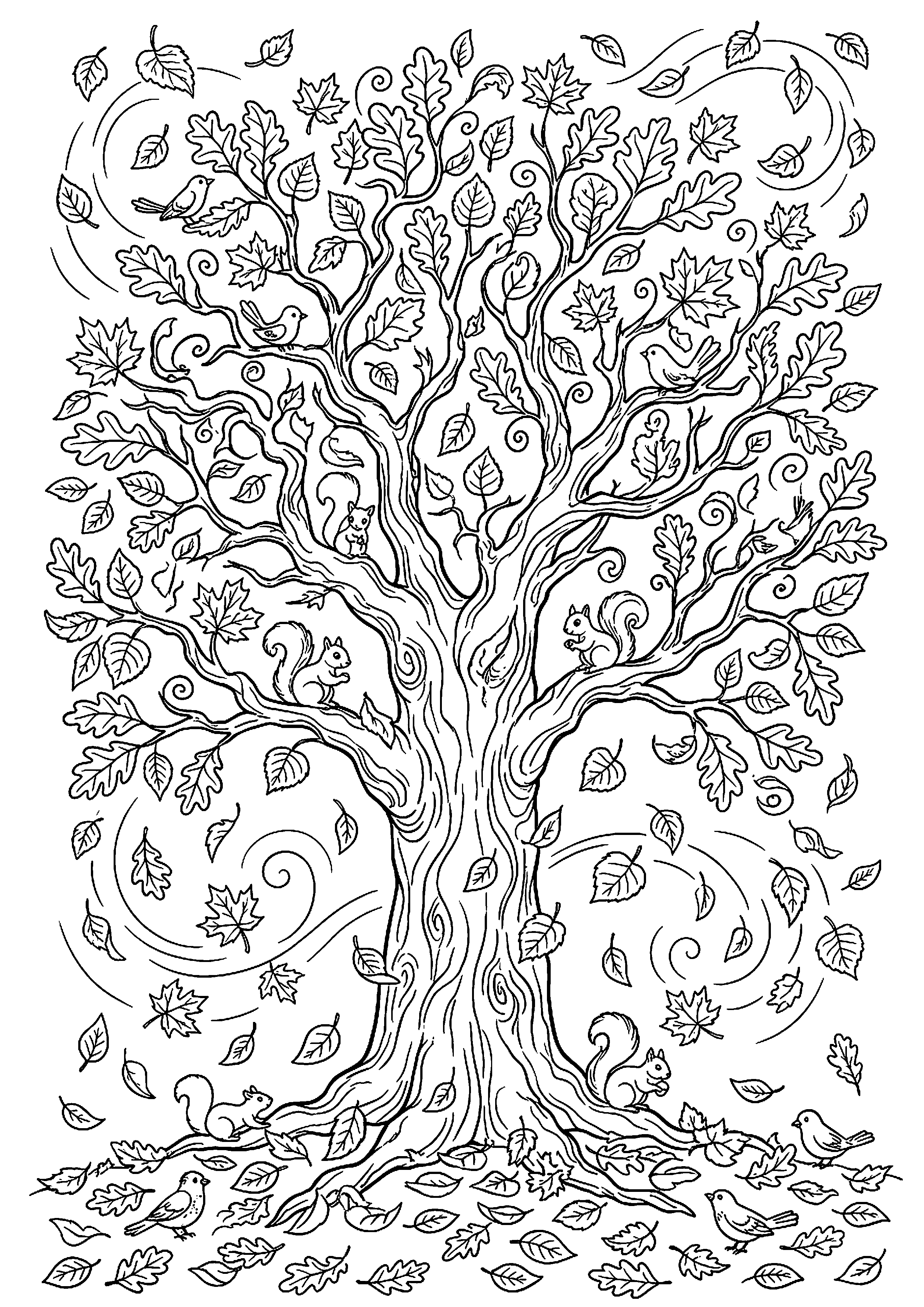 Herfstboom met veel vallende bladeren kleurplaat — gratis kleurplaat