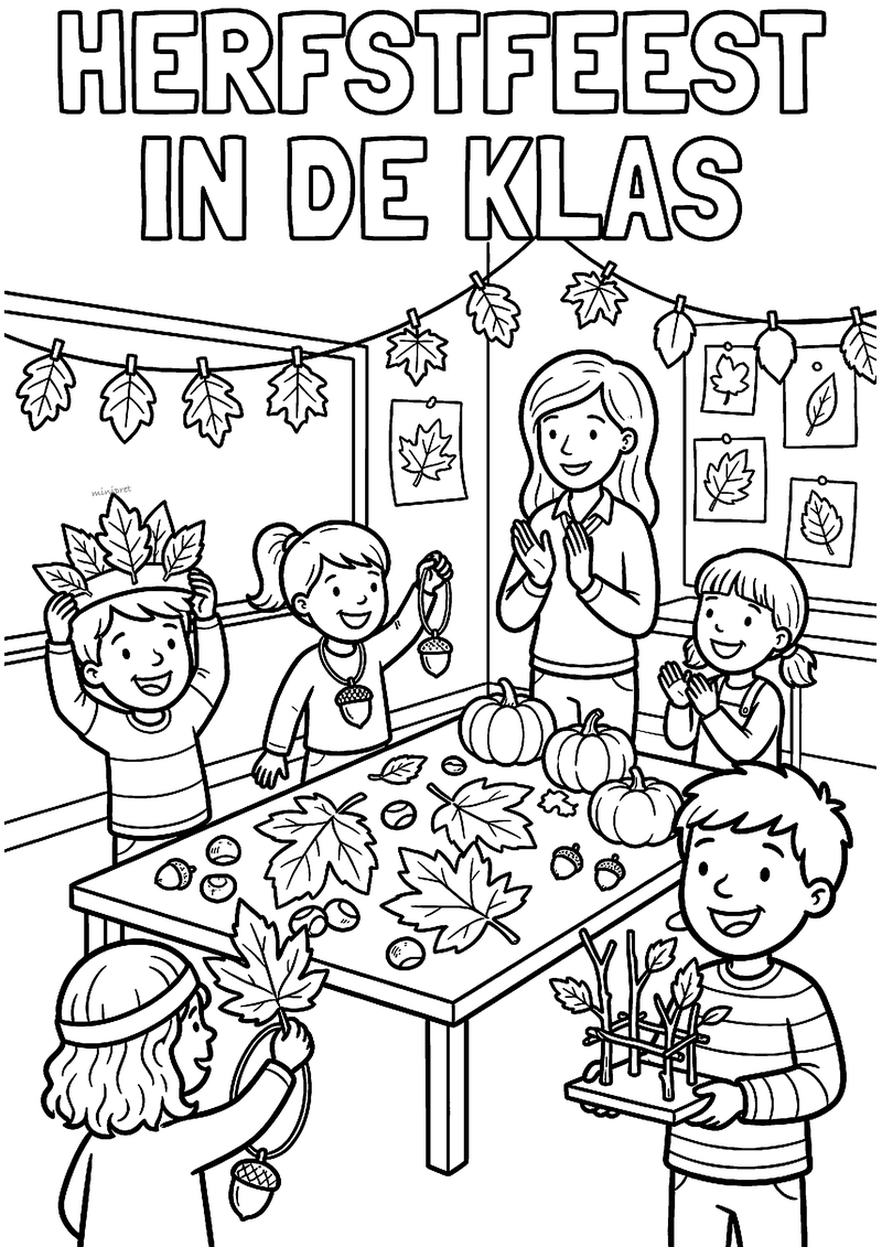 Kleurplaat van een herfstfeest in de klas met bladerslingers, juf, kinderen met bladerkronen, pompoenen en eikels