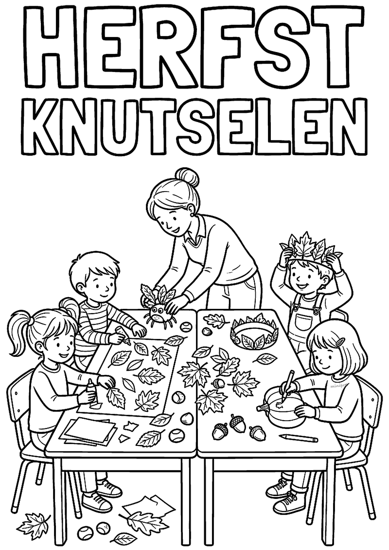 Kleurplaat van kinderen die in de klas knutselen met herfstbladeren, een bladerkroon, een pompoen en een juf die helpt