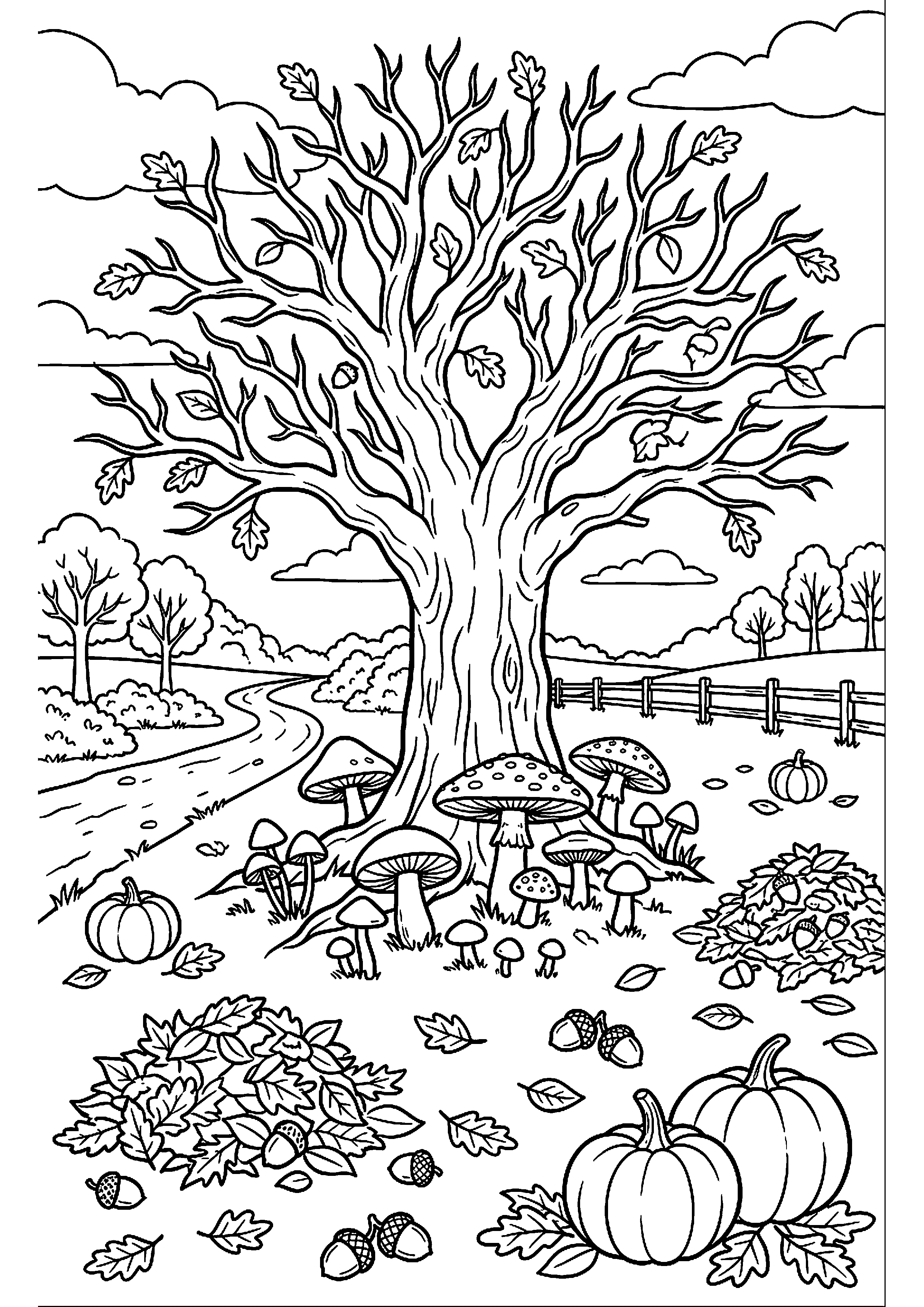 Herfstlandschap met bomen en paddenstoelen kleurplaat — gratis kleurplaat