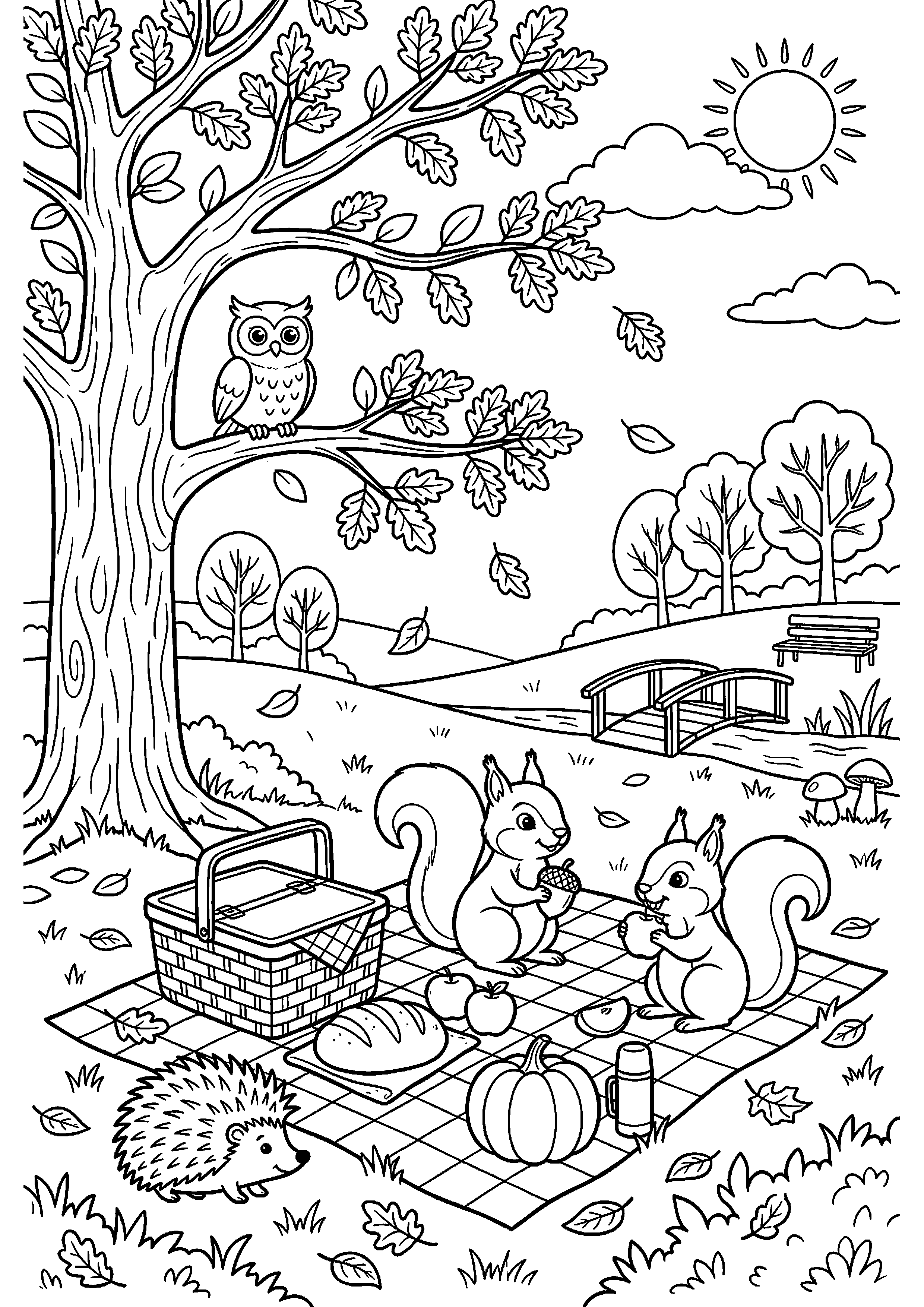 Herfstpicknick in park kleurplaat — gratis kleurplaat