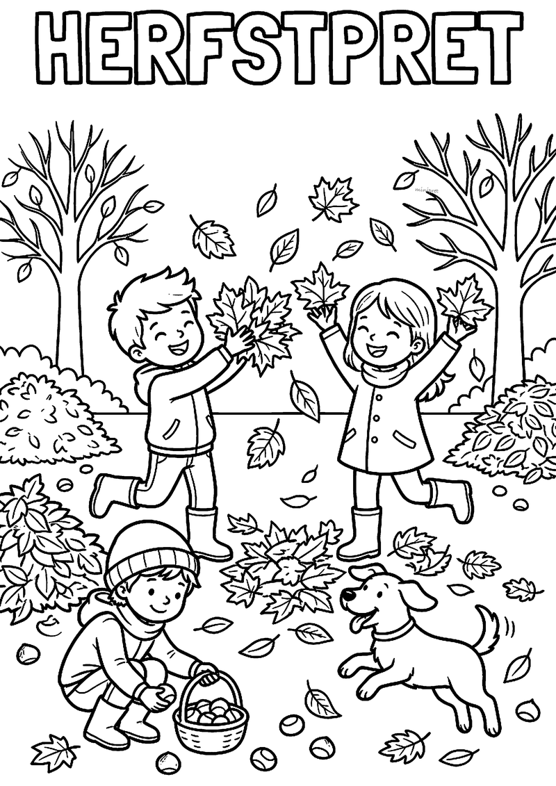 Kleurplaat van drie kinderen die met herfstbladeren gooien en kastanjes rapen, met een springende hond en kale bomen