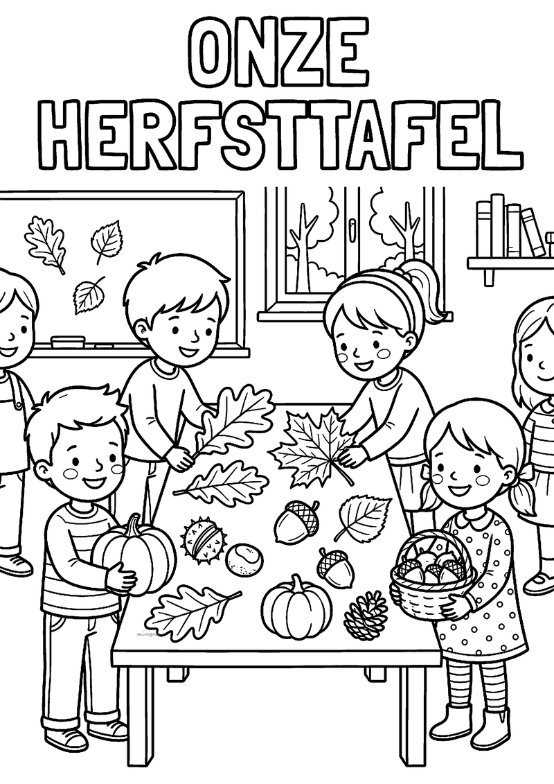 Kleurplaat van kinderen in de klas rond een herfsttafel met bladeren, eikels, kastanjes, pompoenen en een dennenappel