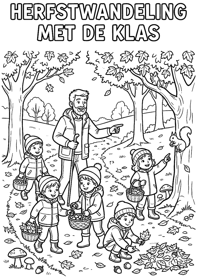 Kleurplaat van een meester die met vijf kinderen met mandjes door het herfstbos wandelt en naar een eekhoorn wijst