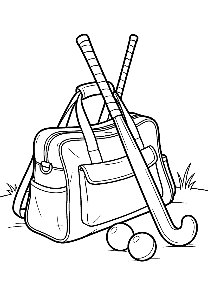 Kleurplaat van een hockeytas op het gras met twee hockeysticks erin en twee hockeyballen ernaast