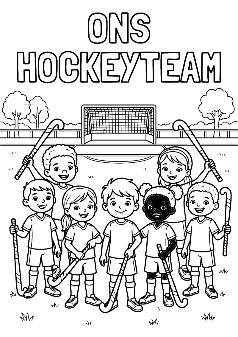 Kleurplaat van zeven kinderen met hockeysticks voor een doel op een hockeyveld, tekst Ons hockeyteam