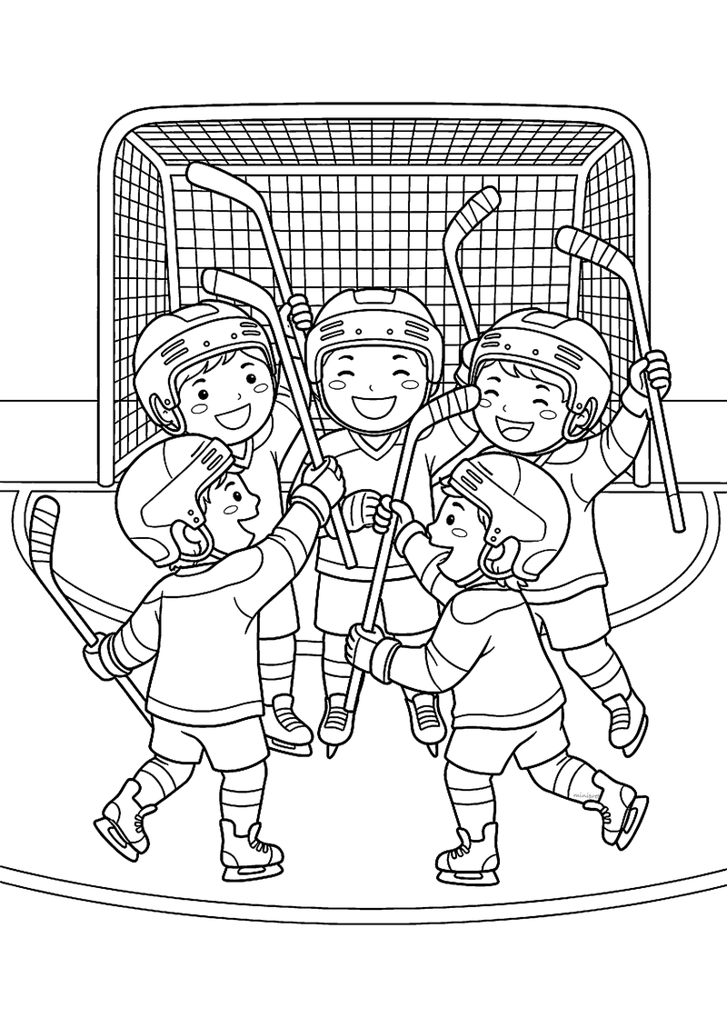 Kleurplaat van vijf juichende hockeyspelers met helm, stick en schaatsen die een doelpunt vieren voor het doel