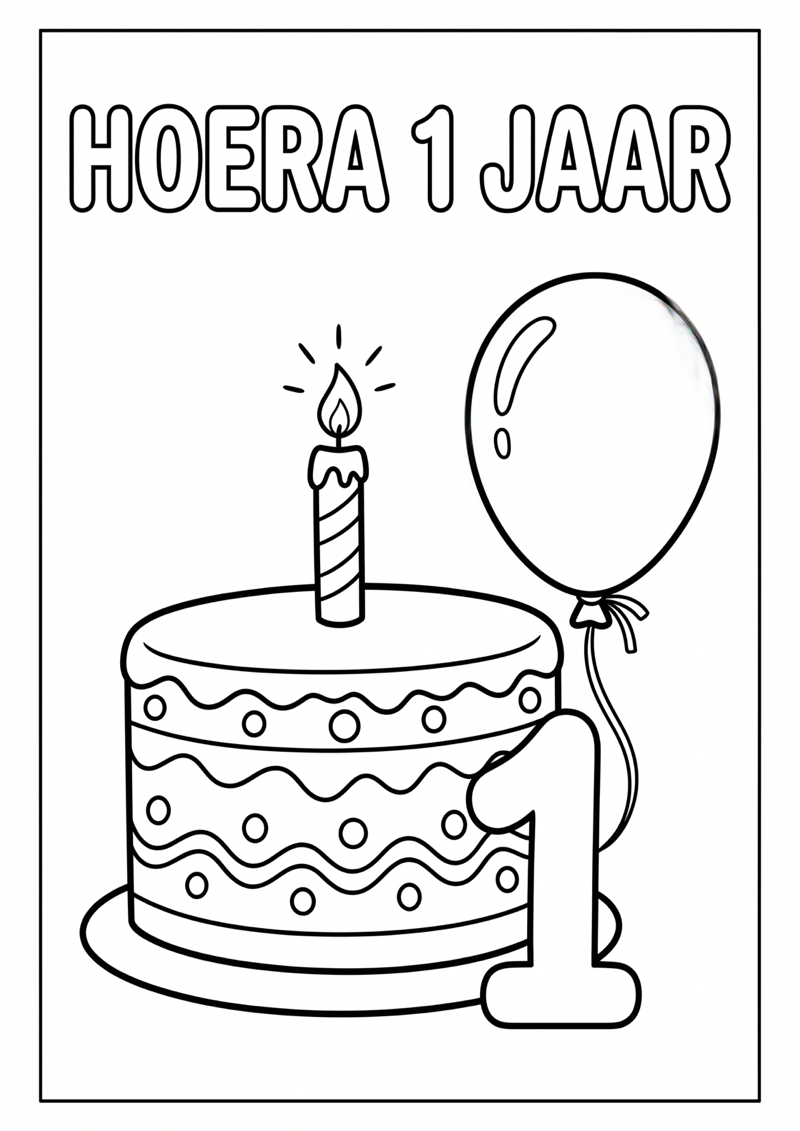 Hoera 1 Jaar Kleurplaat — gratis kleurplaat