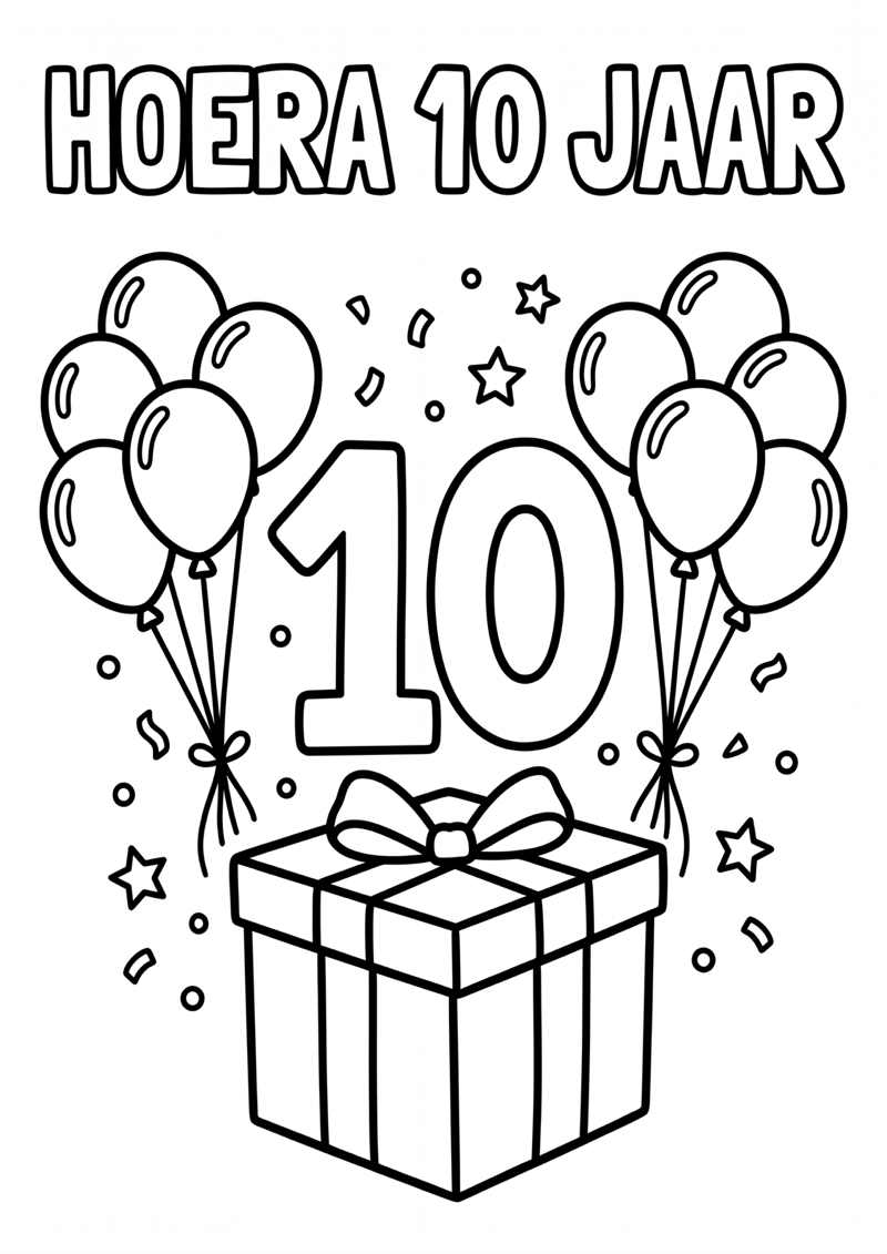 Hoera 10 Jaar Kleurplaat — gratis kleurplaat