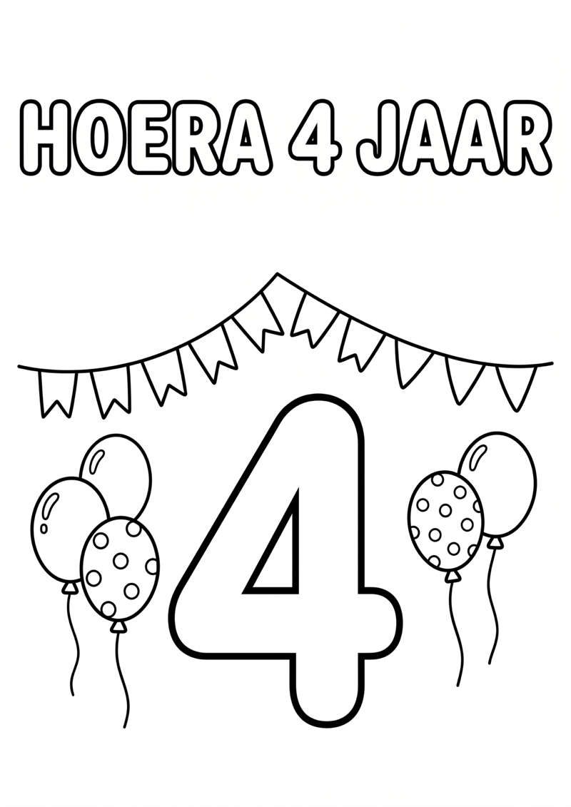 Hoera 4 Jaar Kleurplaat — gratis kleurplaat printen