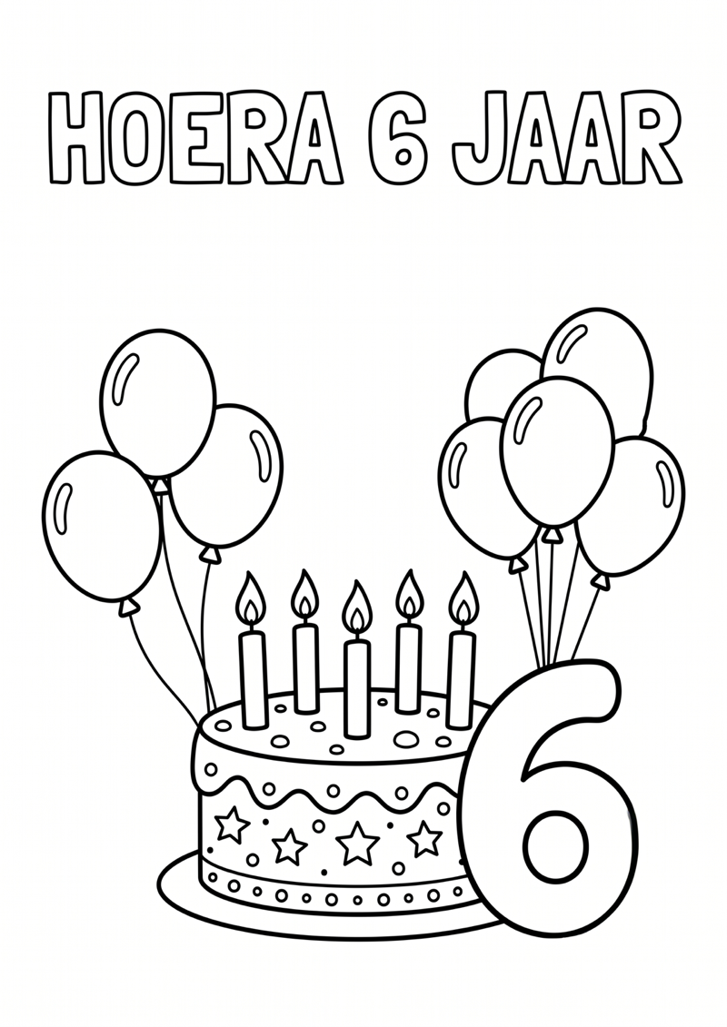 Hoera 6 Jaar Kleurplaat — gratis kleurplaat