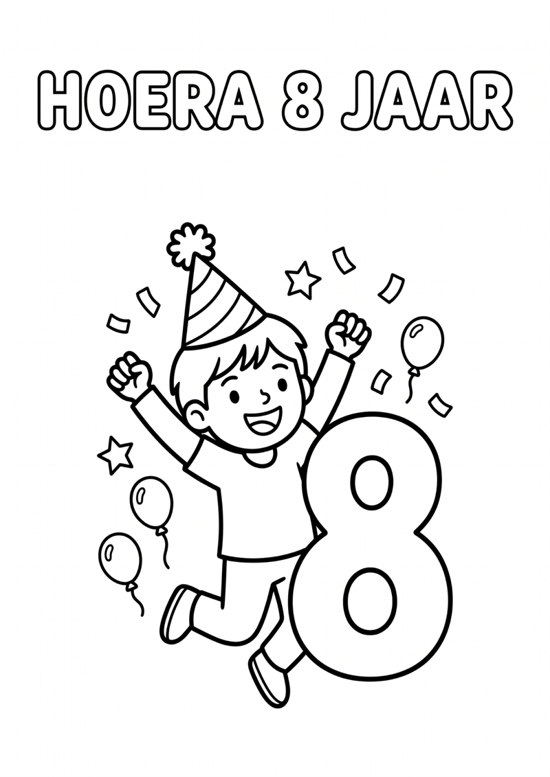 Hoera 8 Jaar Kleurplaat — gratis kleurplaat
