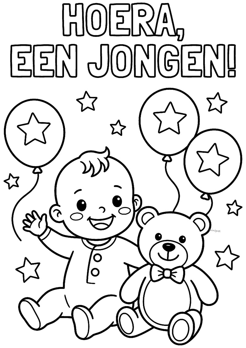 Kleurplaat van een zwaaiende baby in boxpakje met teddybeer, ballonnen en sterren, met de tekst Hoera, een jongen