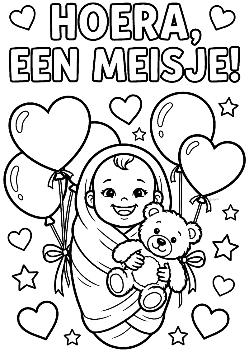 Kleurplaat van een ingebakerde baby met teddybeer, hartvormige ballonnen en hartjes, met de tekst Hoera, een meisje