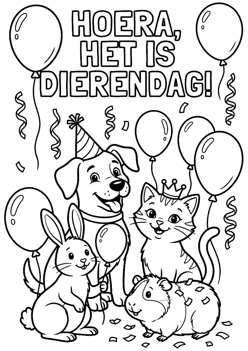 Kleurplaat met tekst Hoera het is Dierendag: hond met feesthoed, kat met kroontje, konijn en cavia tussen ballonnen