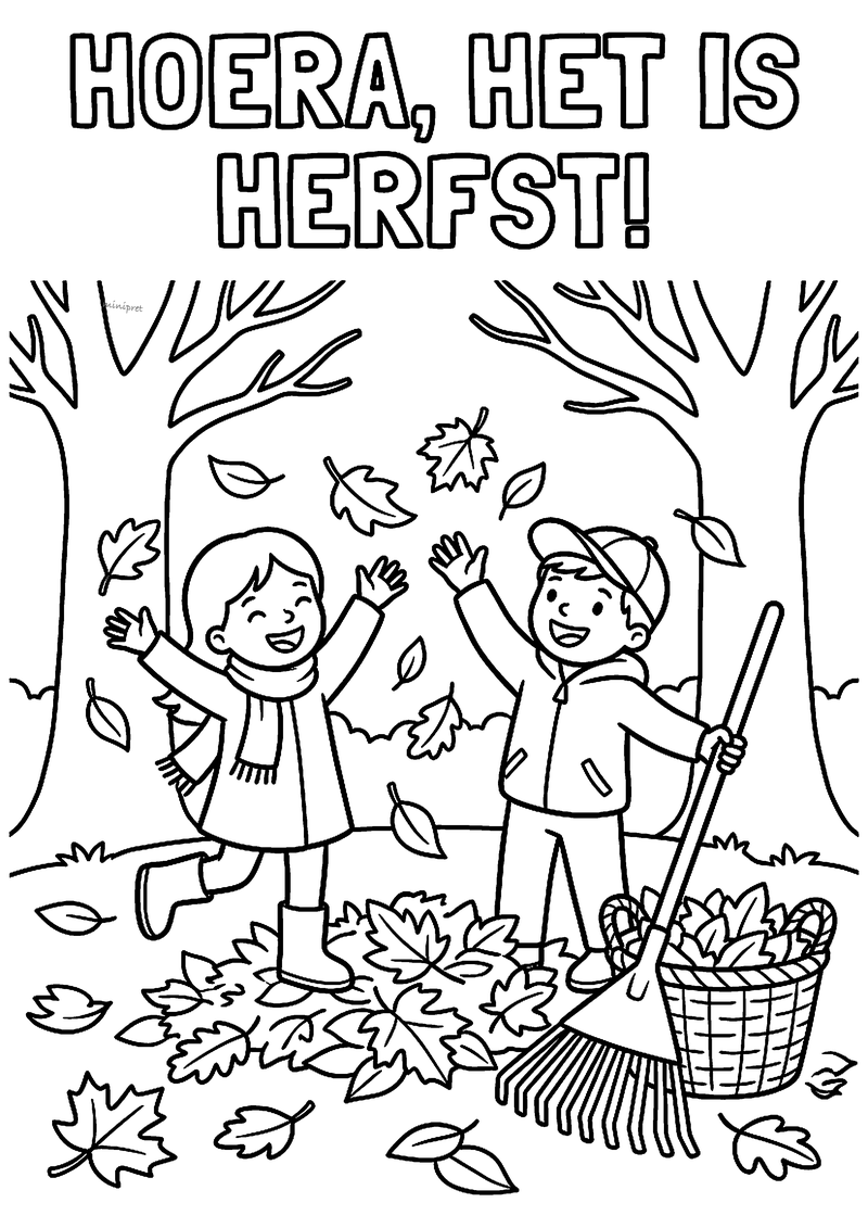 Kleurplaat van een meisje dat bladeren in de lucht gooit en een jongen met een hark naast een mand vol herfstbladeren