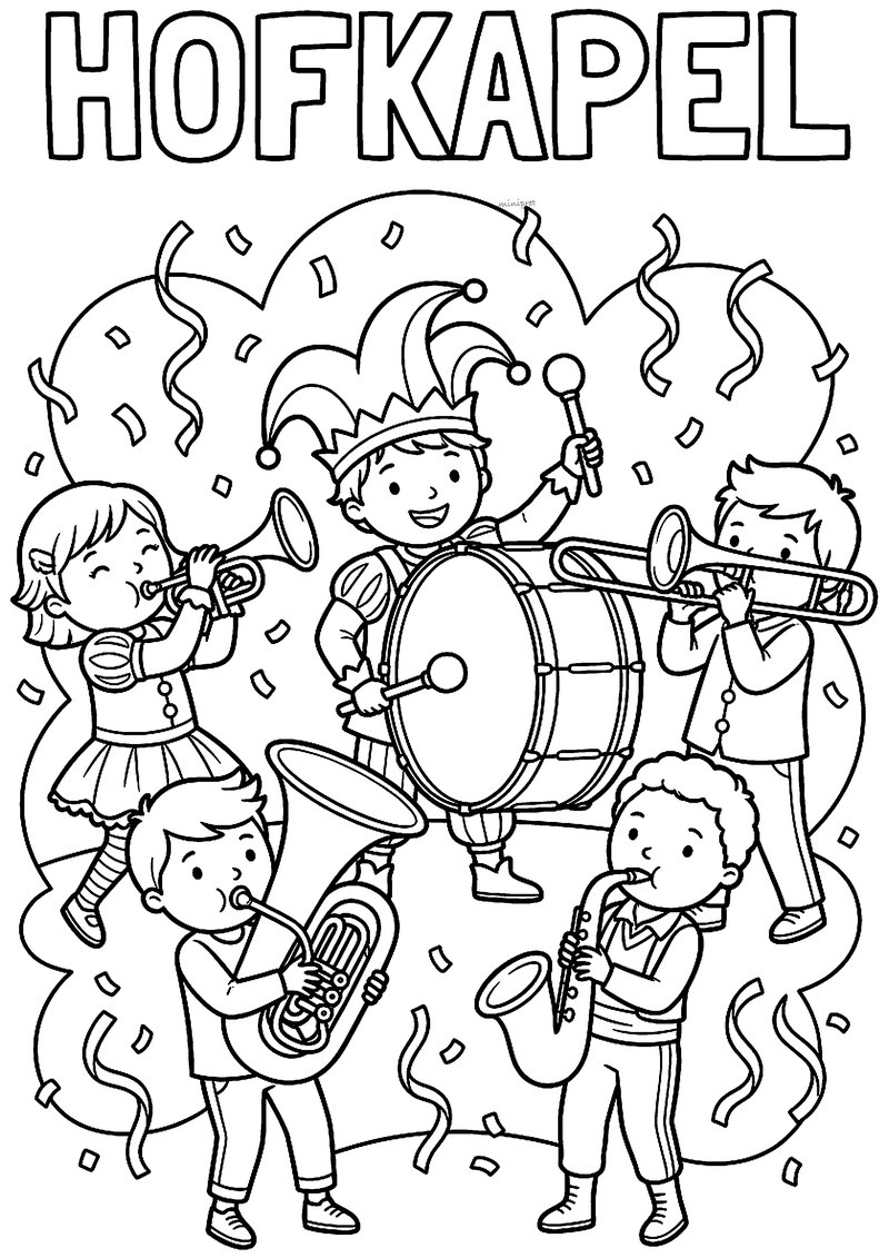 Kleurplaat van vijf kinderen als hofkapel met grote trom, trompet, trombone, tuba en saxofoon tussen confetti