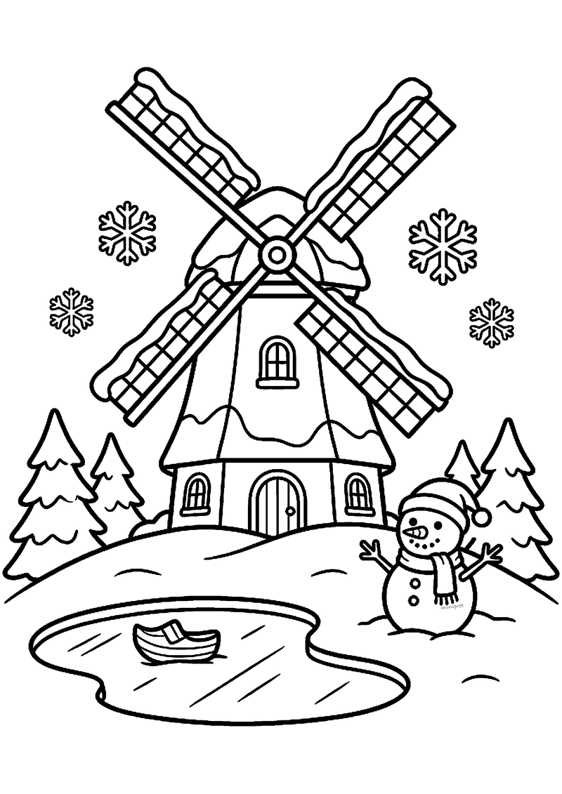 Kleurplaat van Hollandse stenen molen in sneeuw met klomp op ijsvijver en sneeuwpop met kerstmuts ernaast