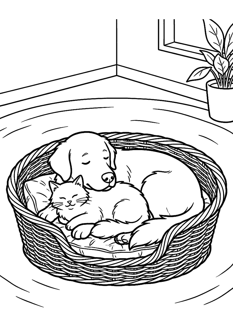Kleurplaat van een hond en een kat die samen slapen in een rieten mand met kussen, naast een plant bij het raam