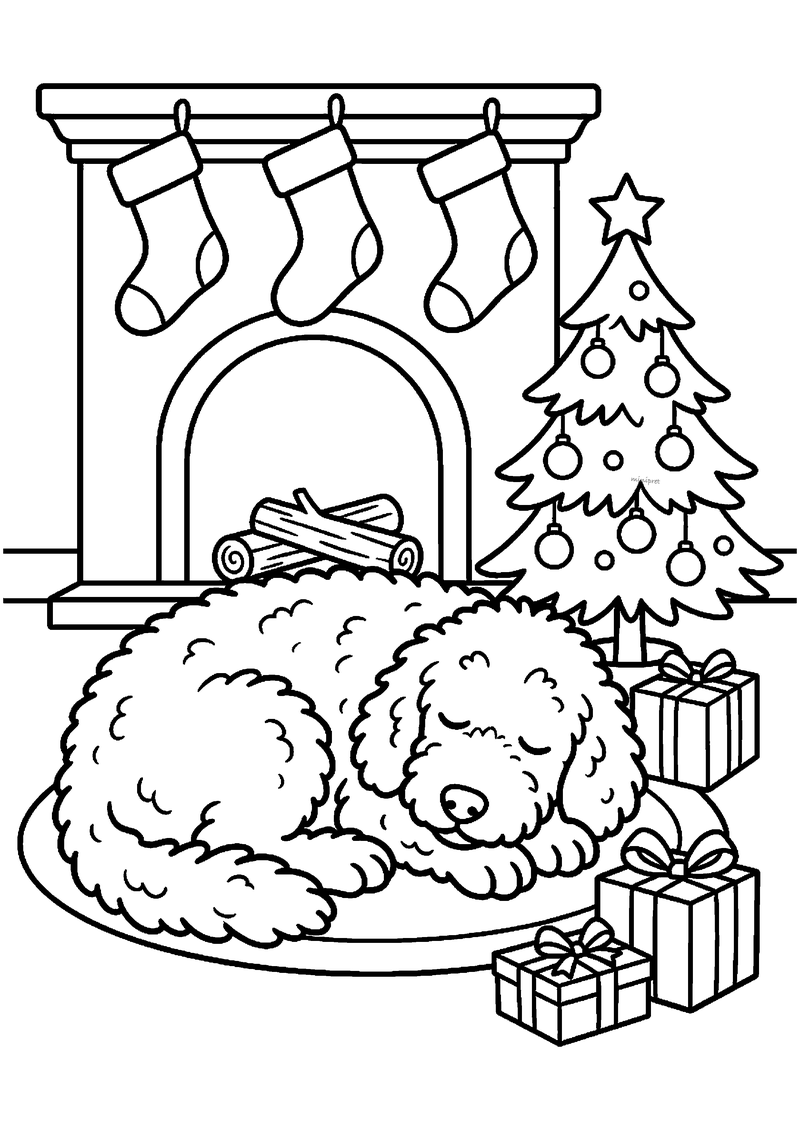 Kleurplaat van grote pluizige hond die slaapt op rond kleed voor open haard met kousen en kerstboom ernaast