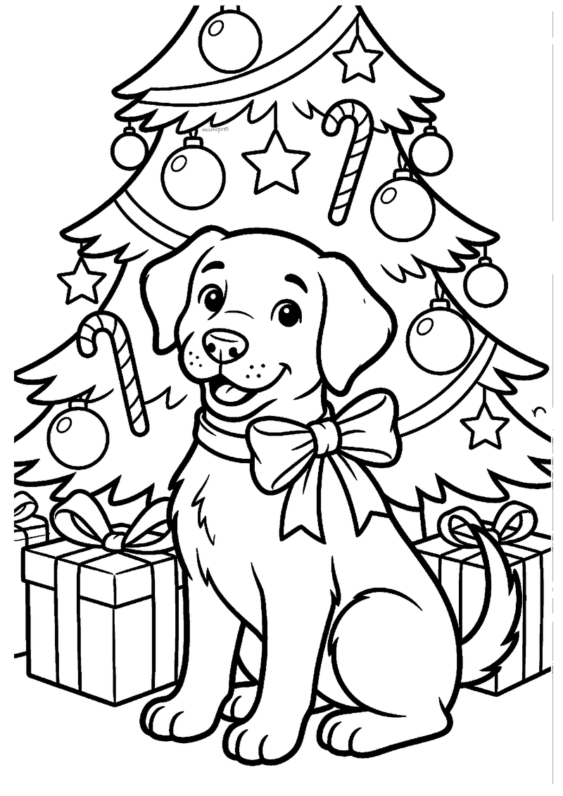 Kleurplaat van hond met grote strik om zijn nek voor versierde kerstboom met cadeaus aan beide kanten