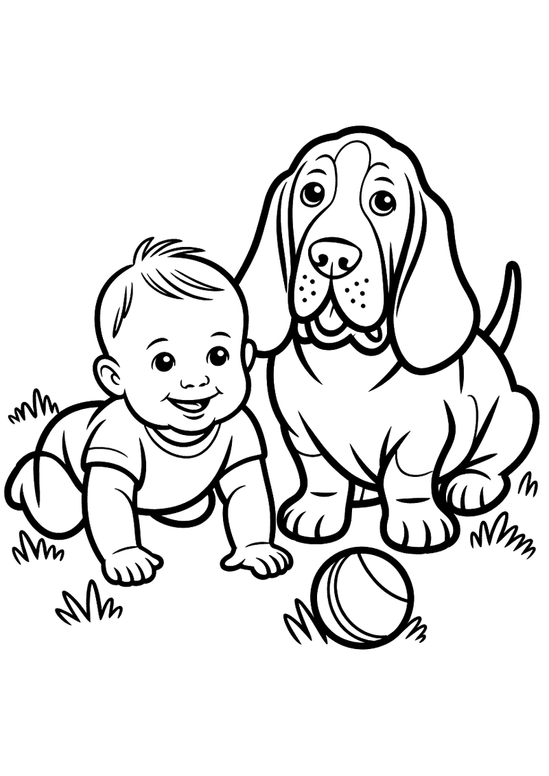 Kleurplaat van een lachende peuter die op handen en knieën kruipt naast een jonge basset hound pup, met een bal op de gr