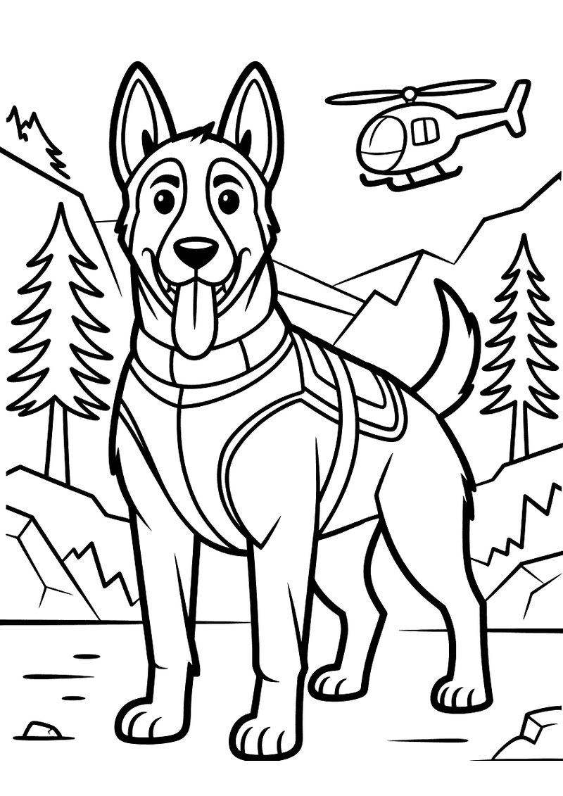 Kleurplaat van een Belgische Malinois politiehond met reddingsvest die rechtop staat in een bergachtig boslandschap met 